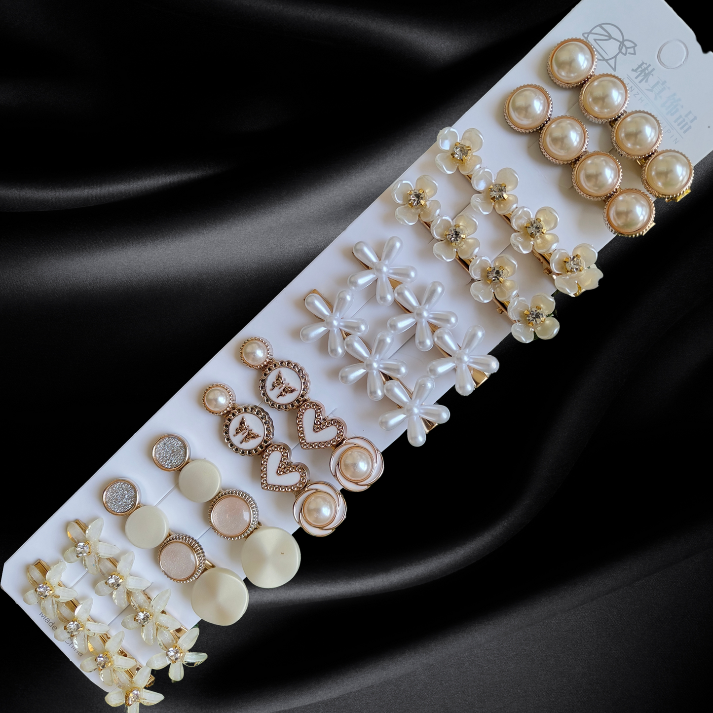 Korean Fashion Style Pearl Rhinestone Metal Hair Clips 03 (12 Pcs)