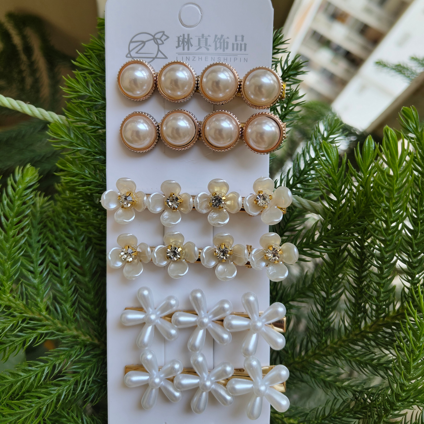 Korean Fashion Style Pearl Rhinestone Metal Hair Clips 03 (12 Pcs)